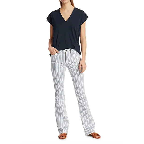 FRAME Le High Flare White and Blue Surfer Stripe Jeans Size 27 - NWT - Picture 1 of 12